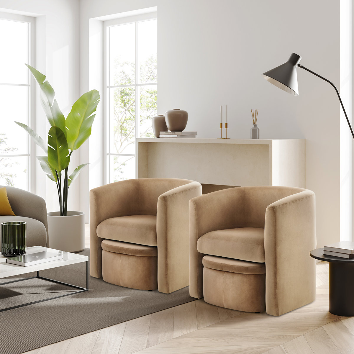 Kyah Upholstered Barrel Chair with Ottoman (Set of 2)